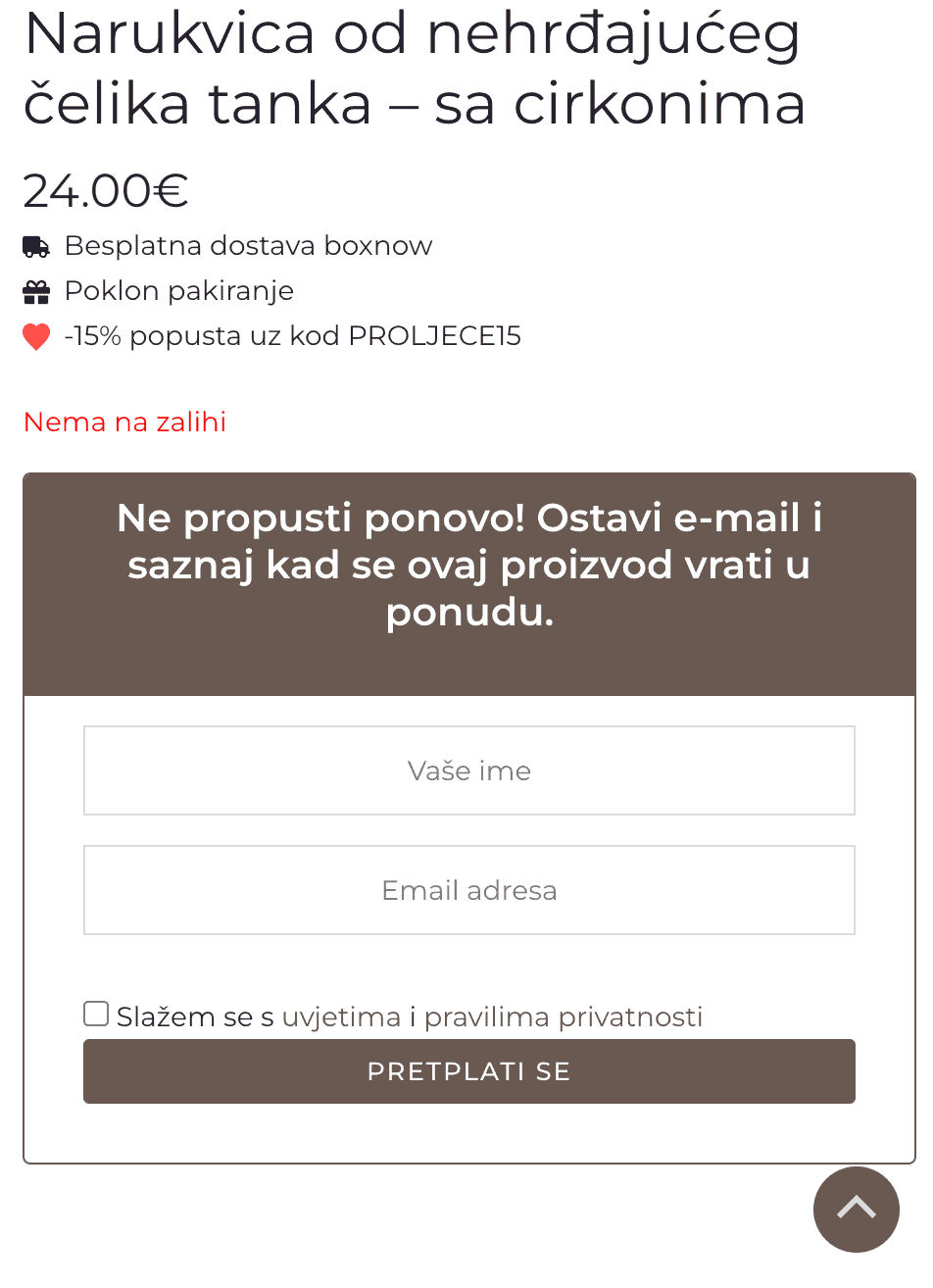 Primjer implementacije email marketinga za proizvod koji trenutno nije na zalihi za Gloss jewelry web shop