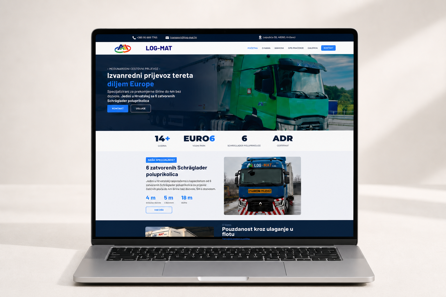 Wix web stranica za transportnu tvrtku LOG-MAT prikazana na MacBooku