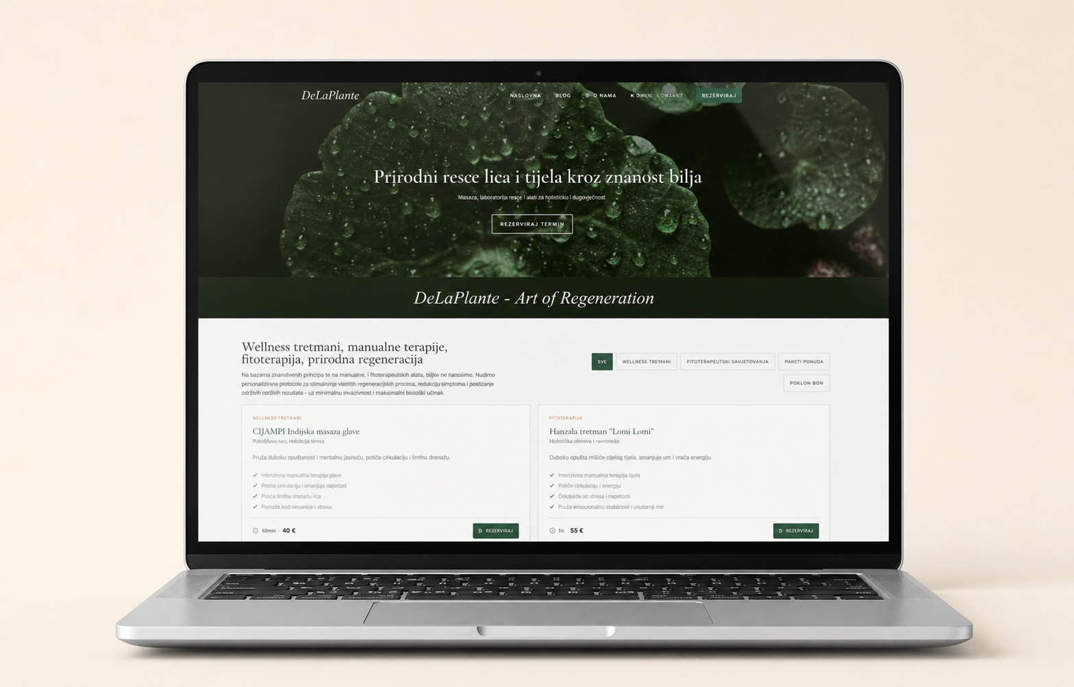 WordPress i Elementor web stranica Dela Plante prikazana na MacBooku